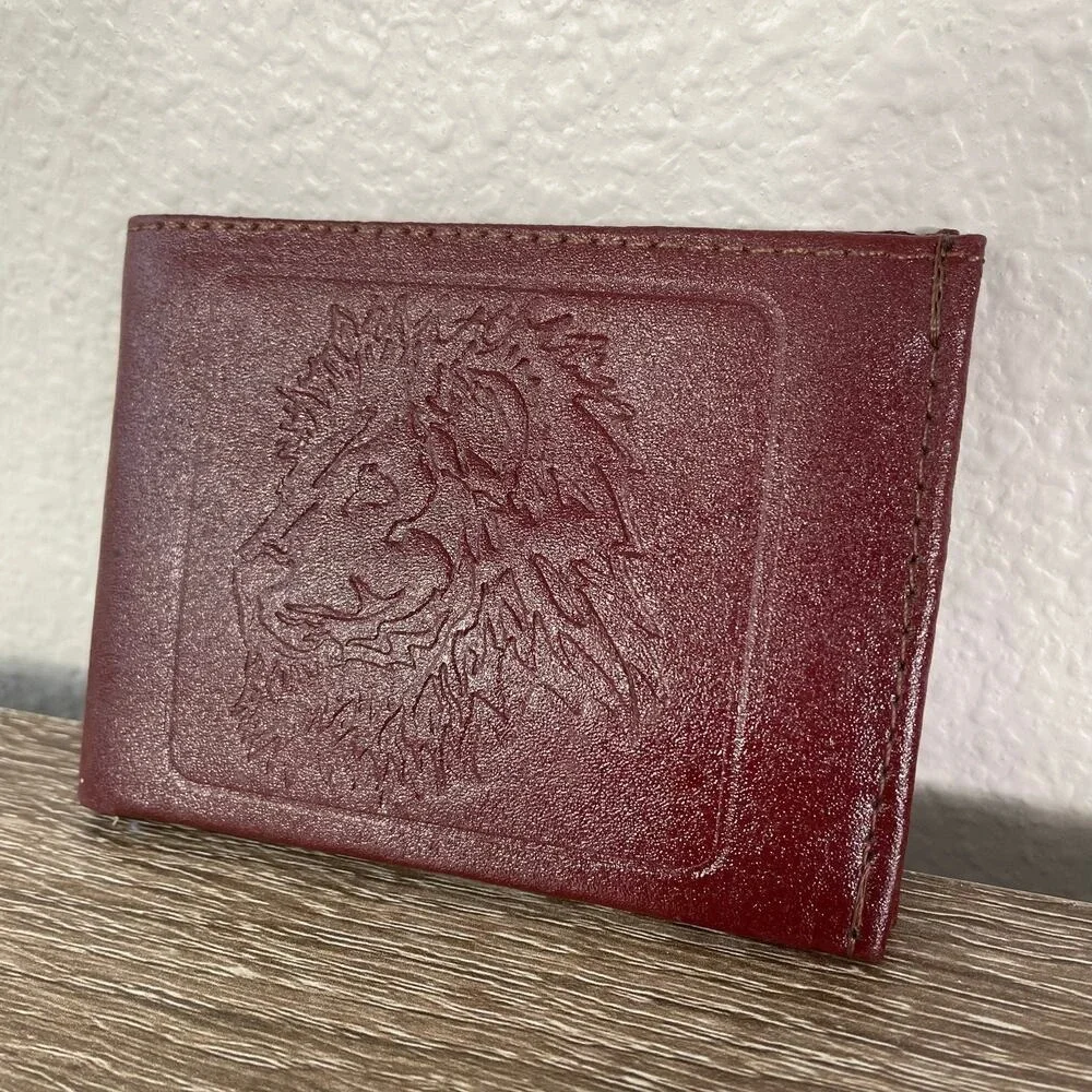 Men's Red‎ Leather Wallet with Lion Embossed Design Bi-Fold ID Holder